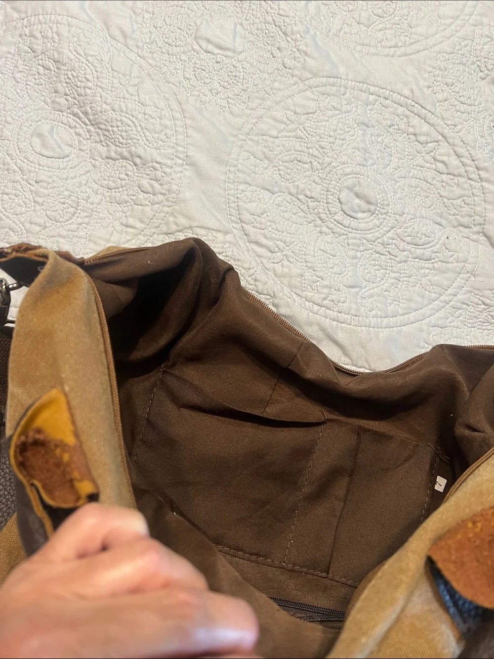 Canvas and Leather-Trim Hobo Bag in Brown